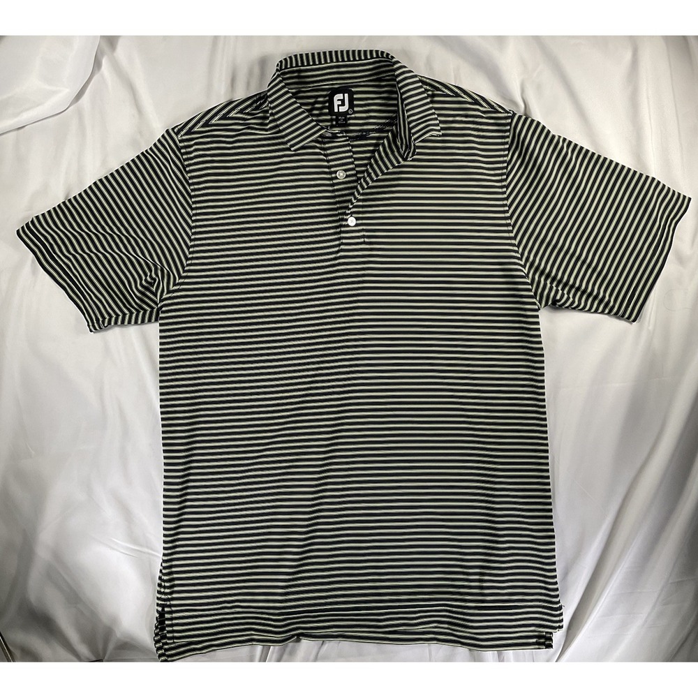 FootJoy Shirt Men L Golf Polo Striped Yellow Green Navy Blue Quickdry Casual